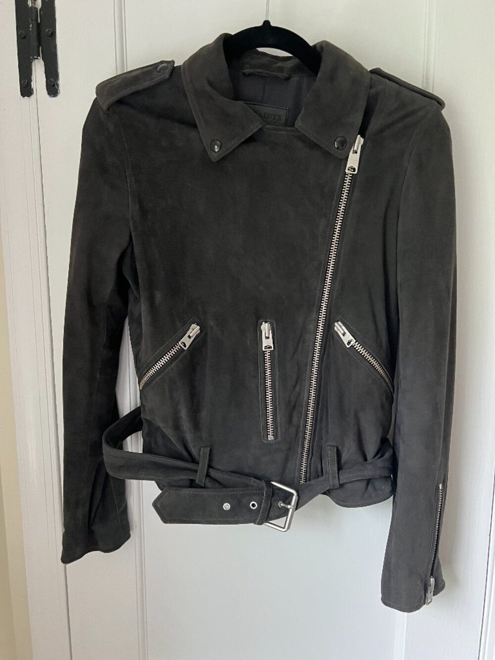 All Saints suede moto jacket charcoal grey size 6